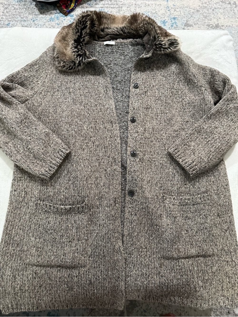 J.Jill Large Brown Button Collar Removable Faux Fur Tweed Women Cardigan